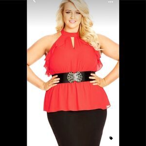 City Chic Frilly Peekaboo Halter-Neck Top Coral 16